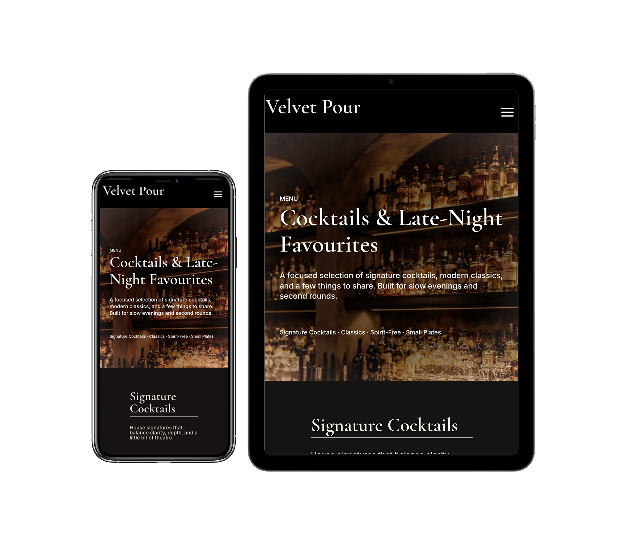 Velvet Pour menu and mobile mockup