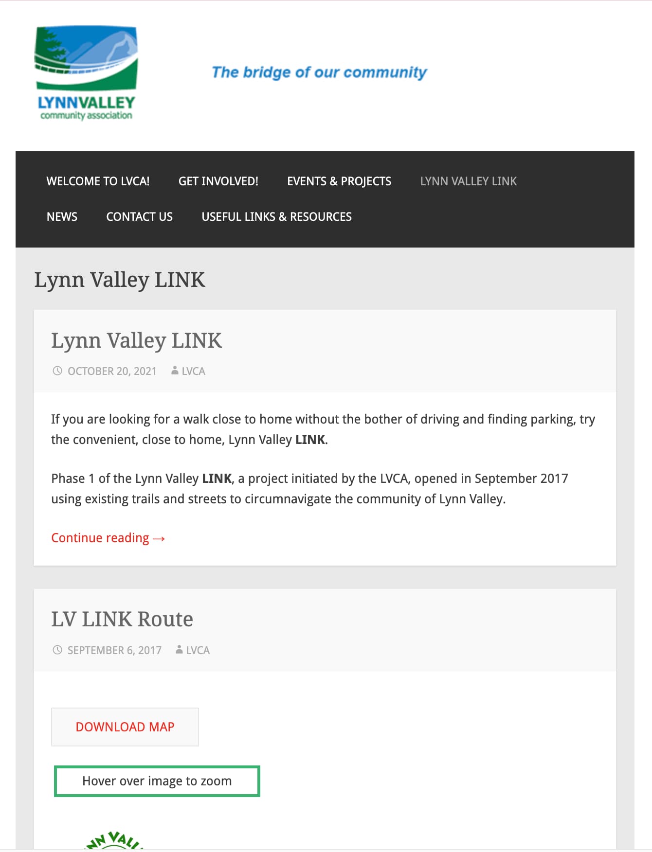 Screenshot of the original Lynn Valley Link website